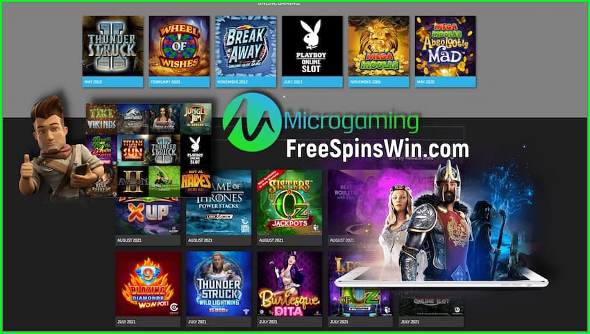 Microgaming Slots Review at FreeSpinsWin.com is on this image.