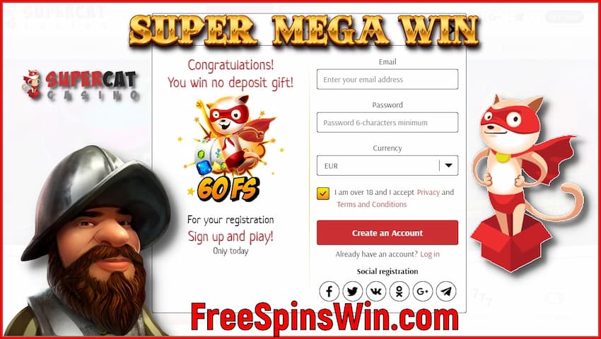 Read the Review of the casino SuperCat and get 60 free spins with no deposit is in this image.