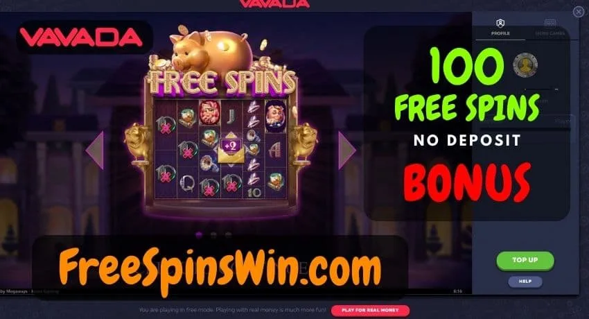 100 free spins no deposit with a button to claim at the Vavada Casino pictured.