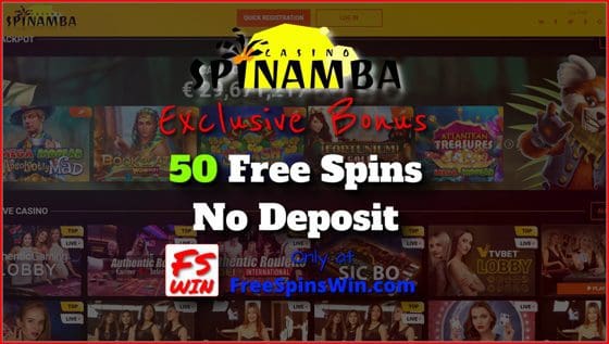 Get exclusive 50 Free Spins with no deposit in the casino Spinamba only at FreeSpinsWin.com! is in this image.