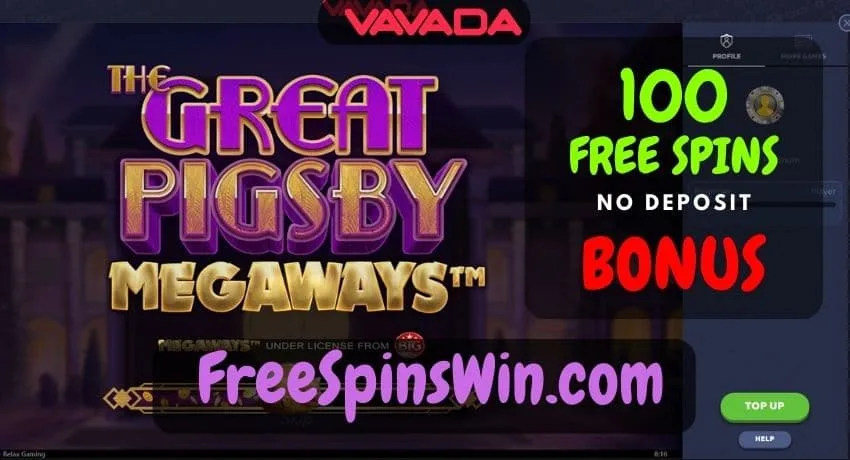 Get 100 free spins no deposit at the Great Pigsby Megaways slot at the Vavada casino pictured.