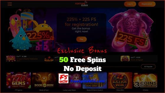 Get 50 free spins with no deposit in the casino Fortune Clock is in this image.