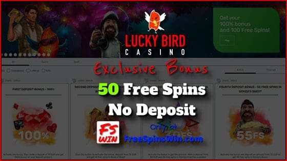 Get 50 free spins with no deposit in the casino Lucky Bird is in this image.