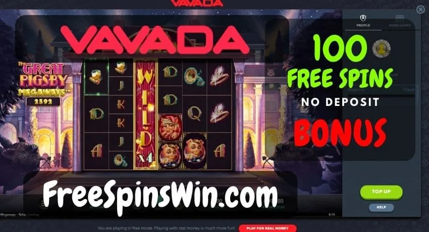 Visual representation of a computer screen displaying the text '100 free spins no deposit with a button to claim at the Vavada Casino pictured.