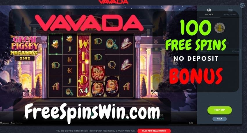 Visual representation of a computer screen displaying the text '100 free spins no deposit with a button to claim at the Vavada Casino pictured.