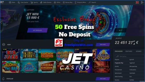 Overview and 50 free spins in the casino Jet is in this image.