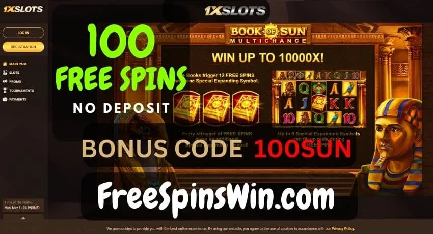 Image of 1xSLOTS casino lobby with 100 free spins no deposit bonus code "100SUN" pictured.