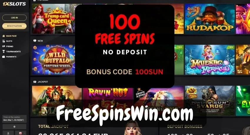 Illustration of 100 Free Spins No Deposit Banner at the Casino 1xSLOTS 2023 pictured.