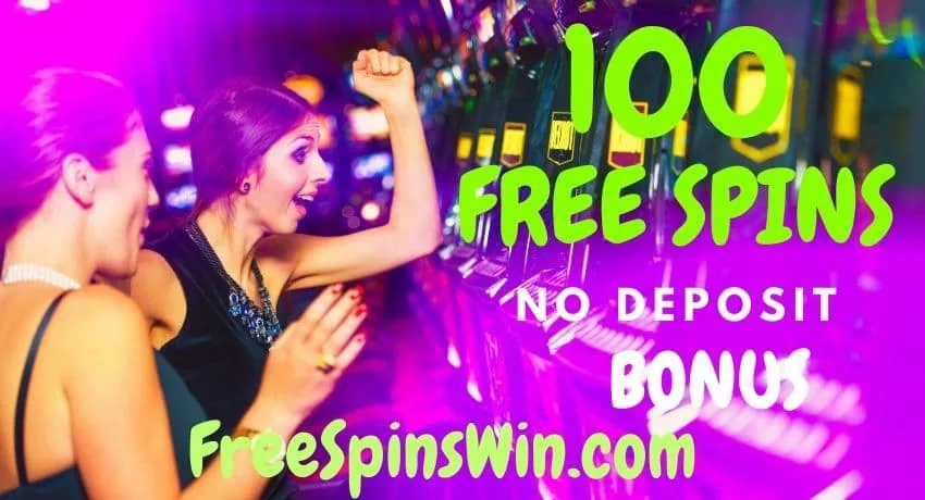 Illustration of a casino with the happy girls playing 100 free spins no deposit.