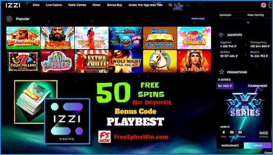 Discover the great selection of slots it the new casino IZZI on the FreeSpinsWin.com is in this image.