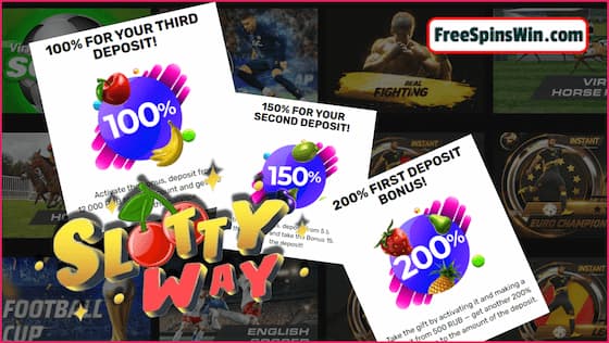 Get a 200% deposit bonus and free spins without deposit for registration in the casino SlottyWay in this picture!