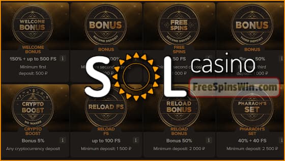 Get free spins without a deposit and great bonuses in the casino SOL in this picture.