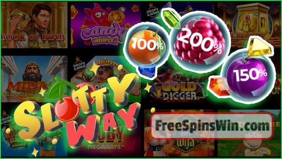 Get generous deposit bonuses and free spins with no deposit in the casino SlottyWay in this image!