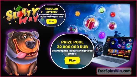 Take part in regular lotteries with generous prizes in the casino Slotty Way in this picture!
