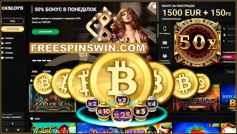 A screenshot of a crypto casino homepage with a promotion banner for free spins