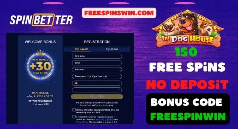 150 Free Spins No Deposit at SPINBETTER Casino with bonus code FREESPINWIN pictured.
