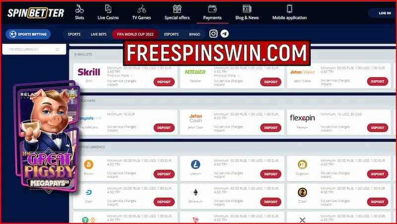 A huge range of payment methods, including cryptocurrency, is available at SPINBETTER Casino pictured.