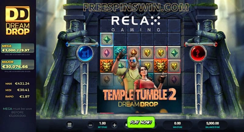 Play new free slot Temple Tumble 2 with mega jackpot DREAM DROP from Relax Gaming pictured