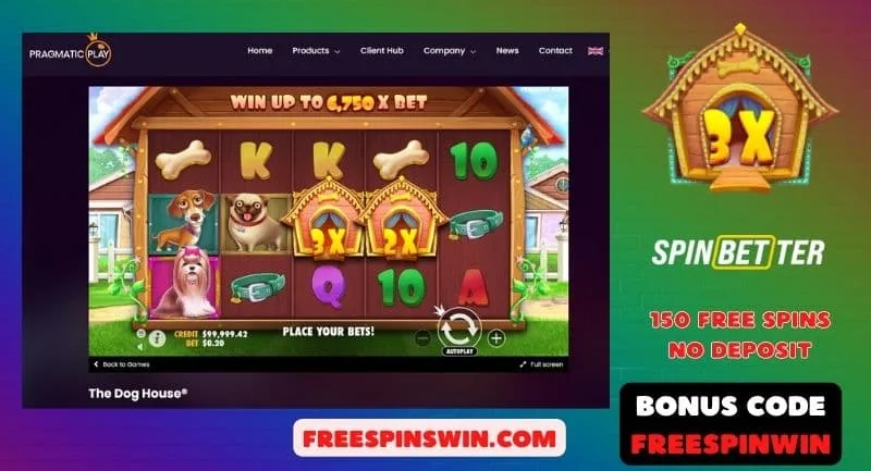 Get 150 free spins at The Dog House slot at Spinbetter Casino with bonus code FREESPINWIN pictured.