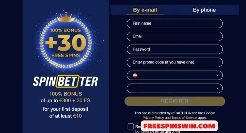 Up to €300 First Deposit Bonus and Free Spins for a minimal deposit of at least €10 at the SPINBETTER Casino pictured