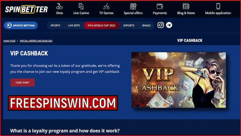 VIP Cashback and loyalty program for players at Spinbetter Casino pictured.