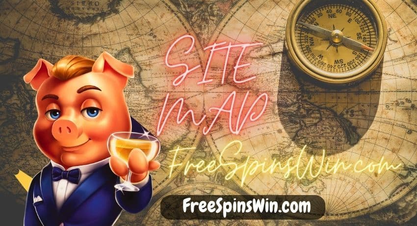 FreeSpinsWin.com's site map with free spins and bonuses is pictured.