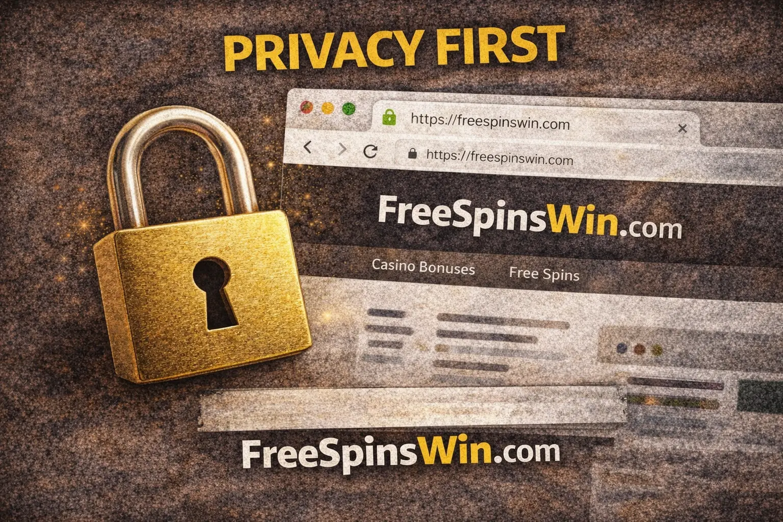“Privacy first” graphic with a padlock and a simple browser mockup showing FreeSpinsWin.com with a secure lock icon.