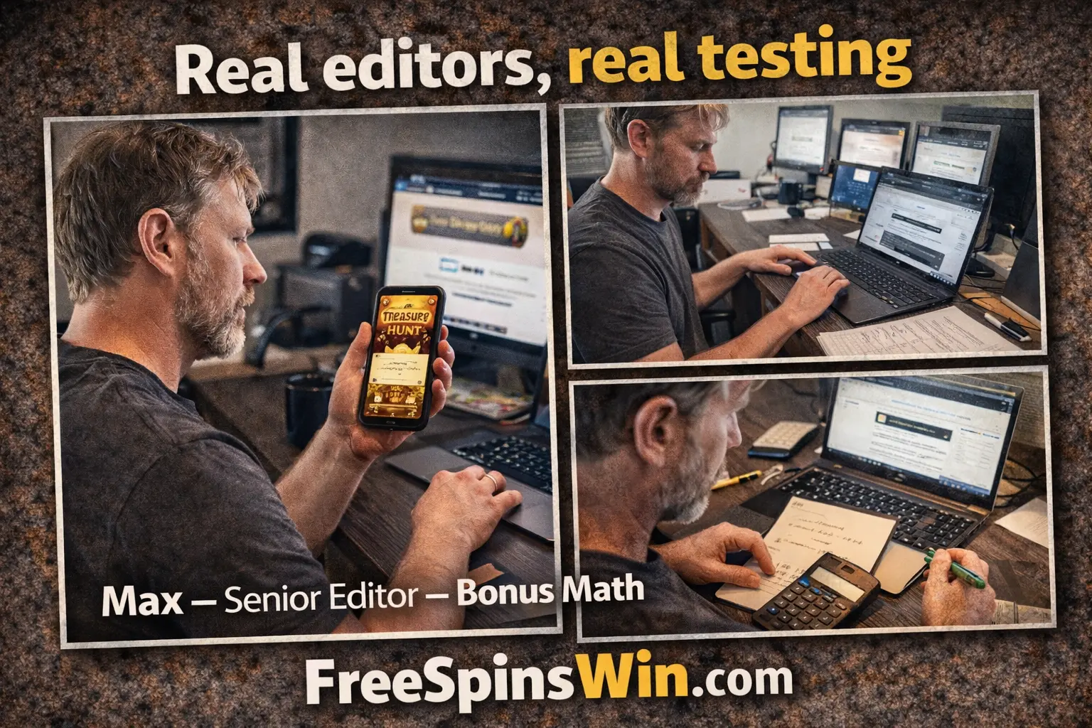 Collage of a casino reviewer testing offers on phone and laptop while calculating bonus terms with notes and a calculator, branded FreeSpinsWin.com.
