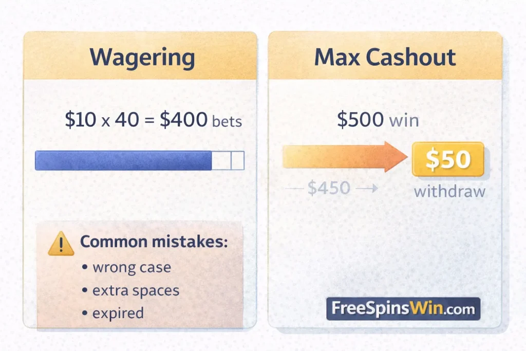 Two-panel diagram comparing wagering ($10 × 40 = $400 bets) with a max cashout cap ($500 win → $50 withdraw), branded FreeSpinsWin.com.
