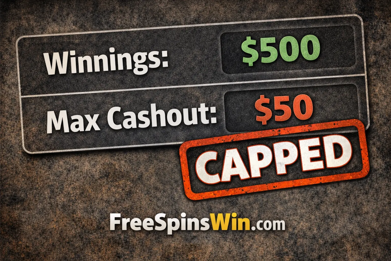 График в стиле скриншотов с надписью “Выигрыш: $500” рядом с “Max Cashout: $50” с жирным штампом “CAPPED” и брендингом FreeSpinsWin.com.