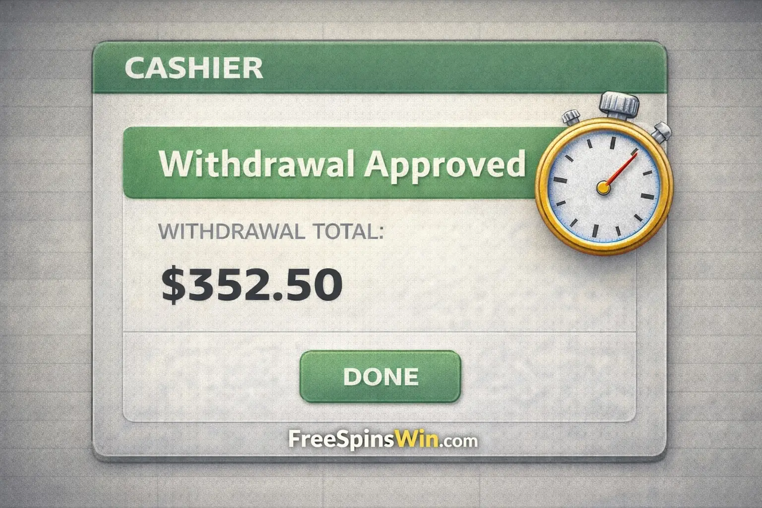 Подтверждение кассира в стиле скриншота с надписью “Withdrawal Approved” с иконкой секундомера и брендингом FreeSpinsWin.com.