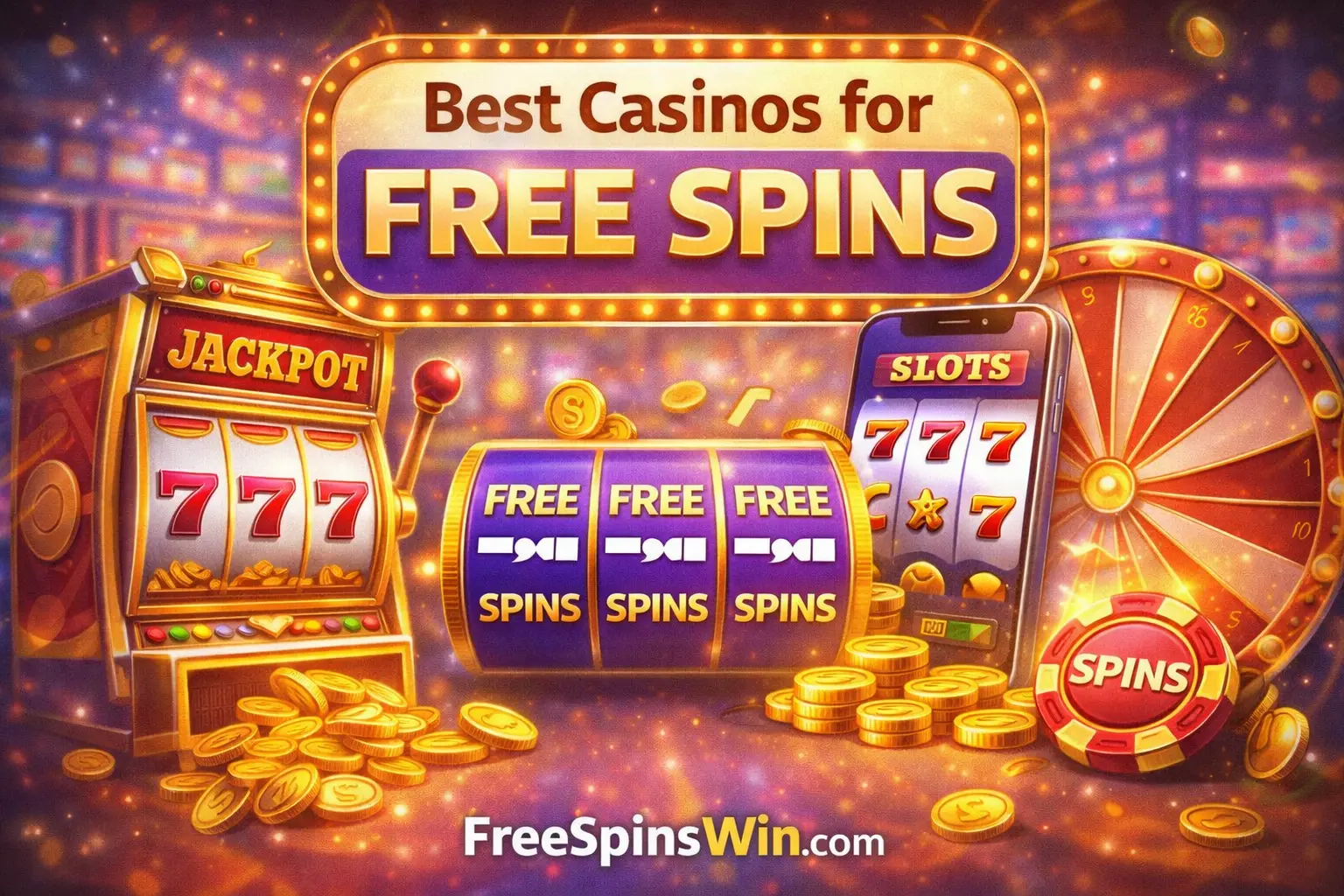 Иллюстрация к книге “Best Casinos for Free Spins” с изображением игровых барабанов, баннера “Free Spins”, монет и колеса казино, бренд FreeSpinsWin.com.