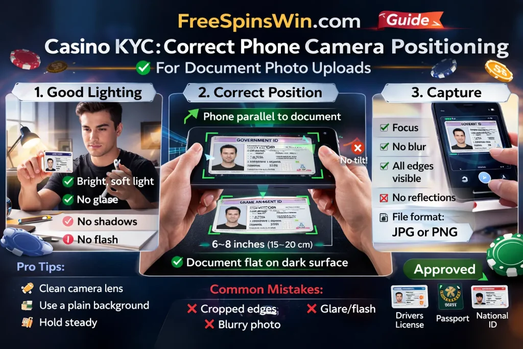 Guide showing correct phone camera positioning for casino KYC document photo uploads