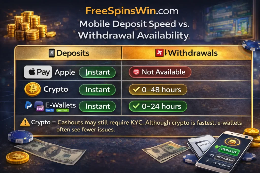 Table comparing mobile deposit speed versus withdrawal availability for Apple Pay, crypto, and e-wallets