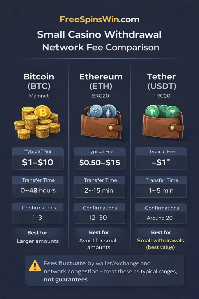 Боковое сравнение комиссий сетей BTC, ETH и USDT TRC20 при выводе средств из небольших казино